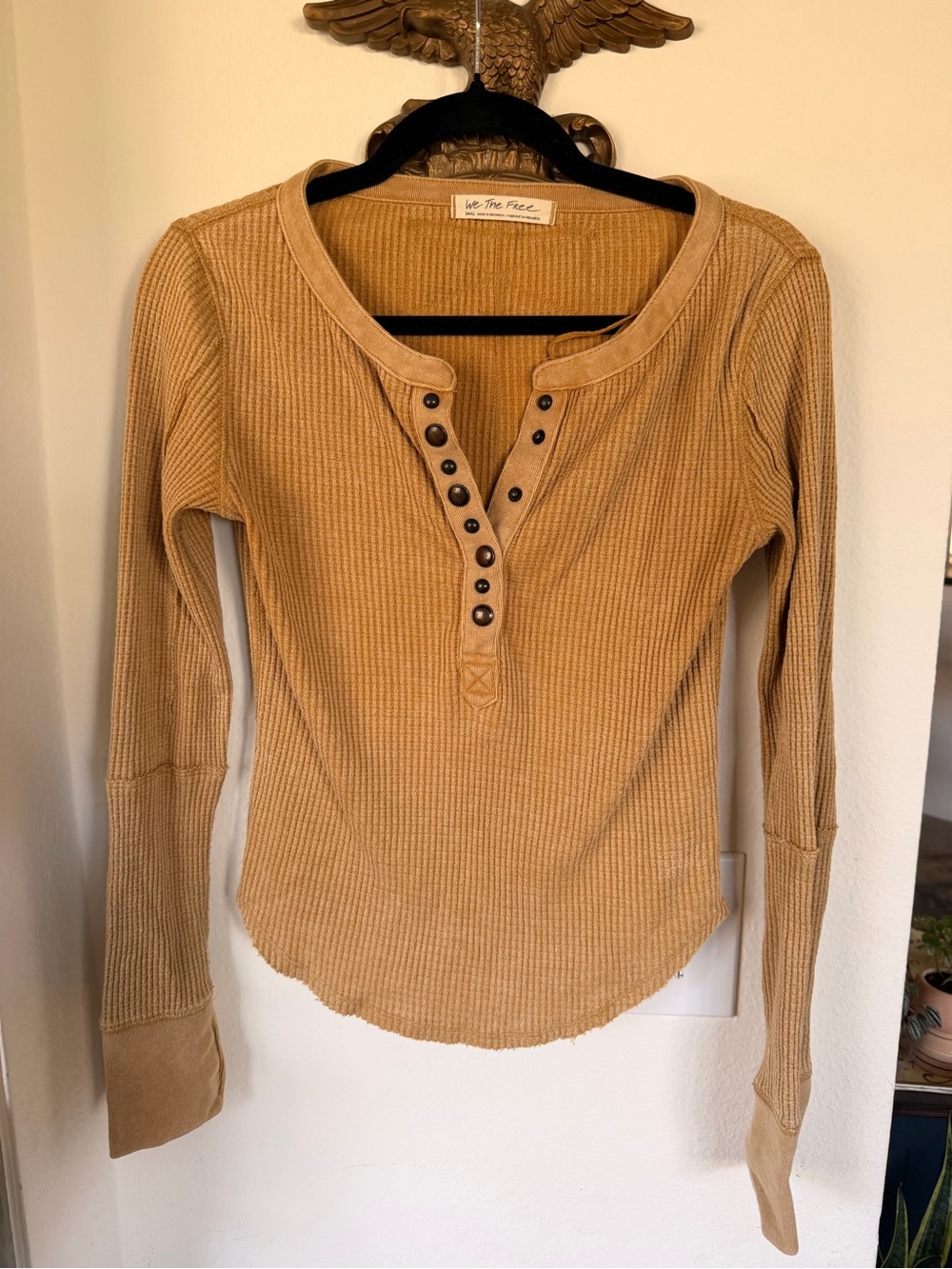 Free People Long-Sleeve Waffle Henley in Camel Tan